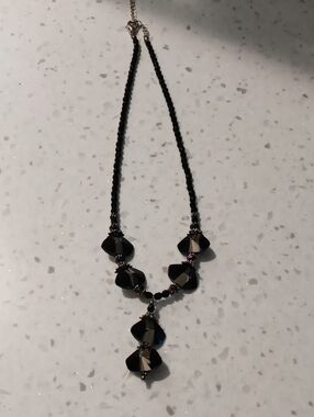 Hand Made Black Faceted Drop Necklace Polished Real Stone Beads Women's Jewelry